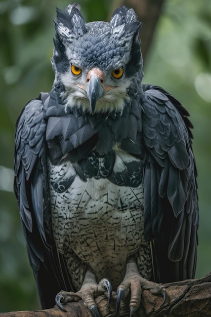 Águia Harpia Escura-Cinza e Branca Perchada Olhando Focada no Espectador