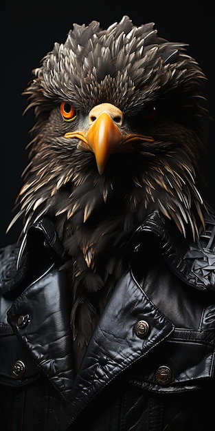 águia vestindo jaqueta de couro camisa preta closeup busto claro terno estrito papagaio rap elegante carranca