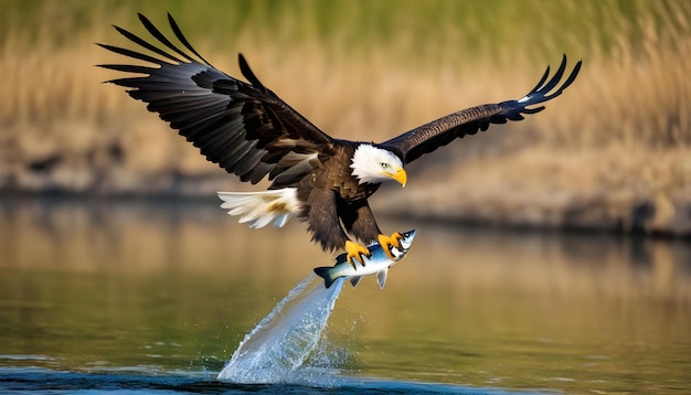 águia voadora a apanhar o peixe