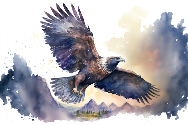 Aguiazinha fofa está voando no céu Pintura em aquarela de animais selvagens de águias fofas