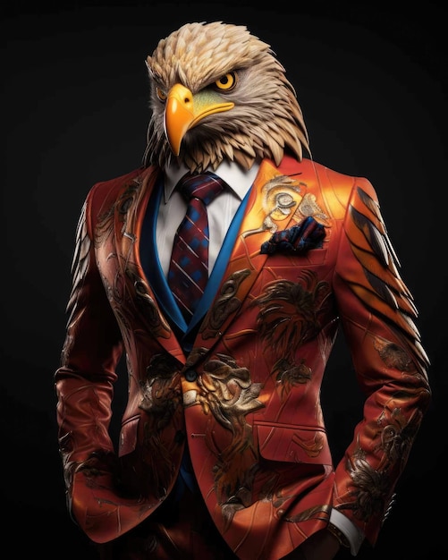 Foto Águila 3d en traje de negocios con un cuerpo humano que parece serio con un fondo dramático de estudio