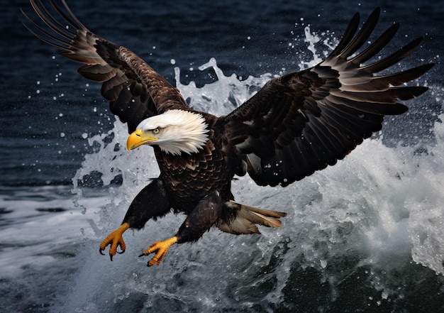 águila araffe aterrizando en una ola en el océano ai generativo