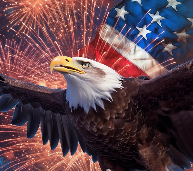 águila araffe con bandera americana y fuegos artificiales en el fondo ai generativo