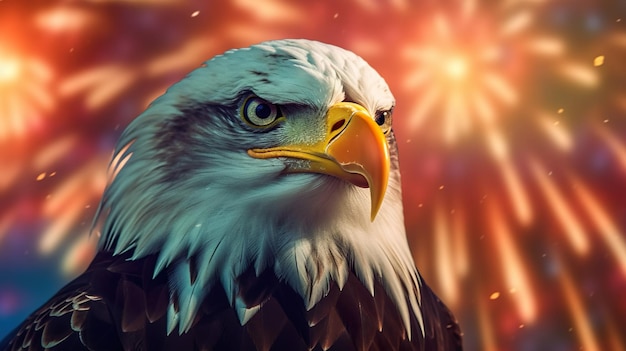 El águila con la bandera estadounidense vuela en libertad al atardecer