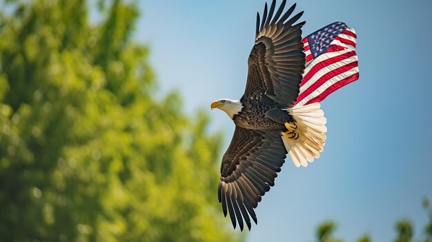 Foto el águila con la bandera estadounidense vuela en libertad