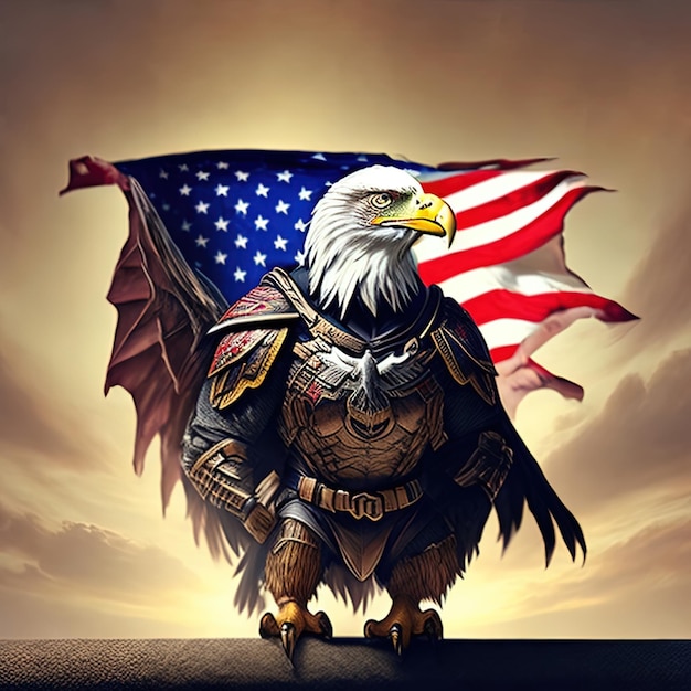 Un águila calva con alas y alas se alza sobre una colina con una bandera americana al fondo.