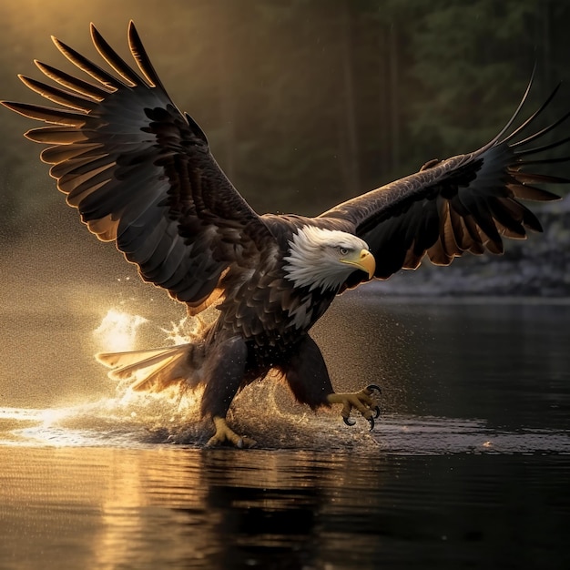 Un águila calva con las alas extendidas está aterrizando en el agua.