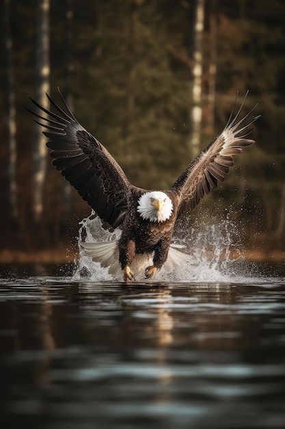 Águila calva americana buceando sobre el mar de cerca AI generativa de fotos