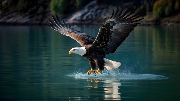 El águila calva americana cazando en el lago