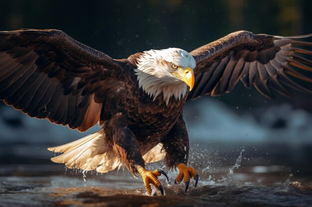 Foto el águila calva de asalto aéreo golpea al depredador acuático con caza de precisión