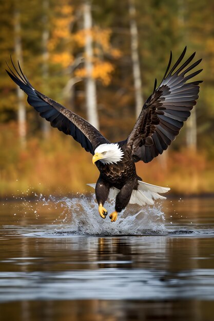 Un águila calva aterriza en el agua con las alas extendidas.