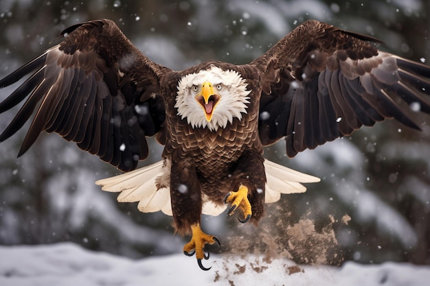 Un águila calva aterriza en la nieve.