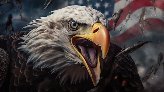 Un águila calva con la bandera americana detrás