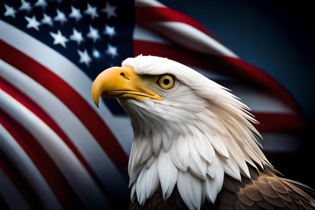 Un águila calva con la bandera americana detrás