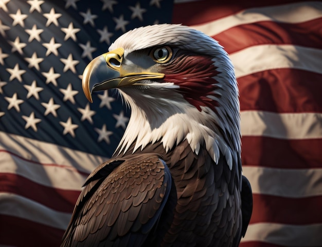 Foto un águila calva con la bandera de los estados unidos de américa
