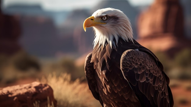 Un águila calva con cabeza blanca y pico amarillo se sienta frente a un paisaje rocoso.