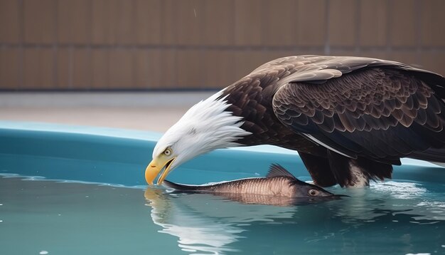 Foto un águila calva se come un pez en una piscina.