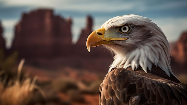 Un águila calva en el desierto con un fondo borroso