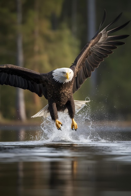 Un águila calva despega del agua.