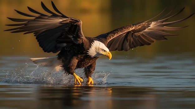 Un águila calva despega de un lago.