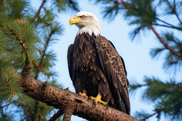 Un águila calva encaramado en un árbol alto