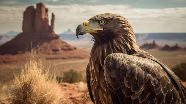 Un águila calva se encuentra en un paisaje desértico.