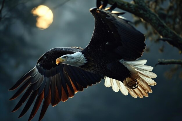 Un águila calva es capturado en pleno vuelo contra el telón de fondo de una noche serena iluminada por la luna