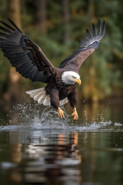 Un águila calva está aterrizando en el agua.
