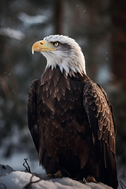 Un águila calva está de pie en la nieve.