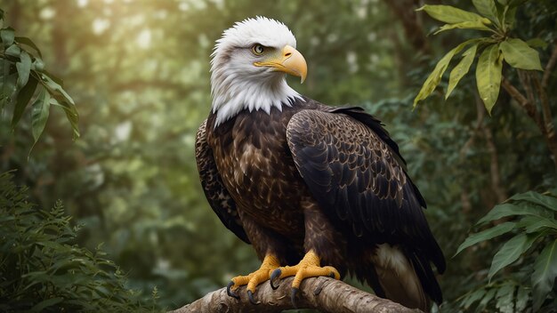 un águila calva está de pie en una rama con el sol brillando a través de los árboles