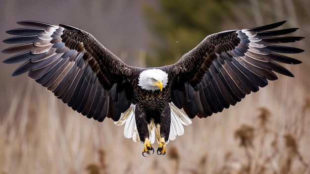 Foto Águila calva estadounidense volando hacia un aterrizaje generativo ai