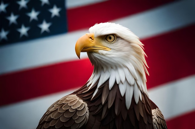 Un águila calva se para frente a una bandera estadounidense.