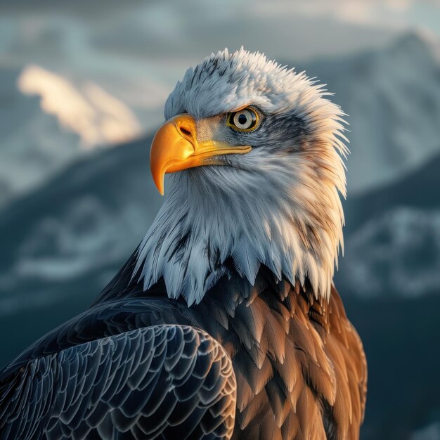 un águila calva frente a las montañas nevadas