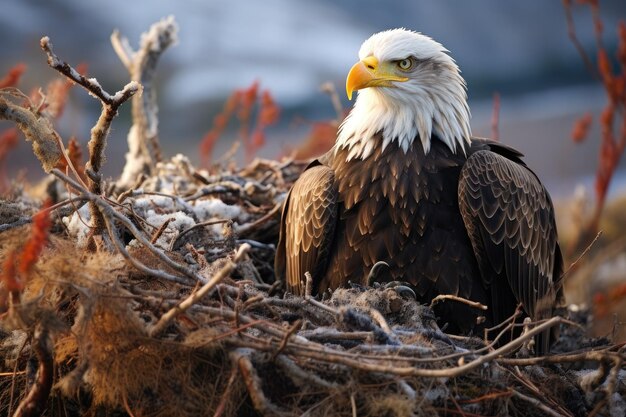 El águila calva Haliaeetus leucocephalus en su nido El águila calva en su nido