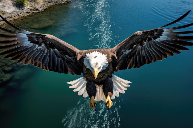 Águila calva Haliaeetus leucocephalus volando sobre el mar Tome vuelo con una toma de vista de pájaro ofreciendo AI Generado