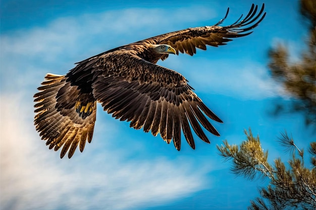 Un águila calva inmadura se eleva por el cielo en una mañana soleada en el mar