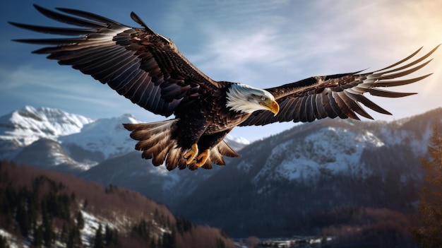 Un águila calva majestuosa se elevó alto en el cielo con las alas extendidas bajo el desierto