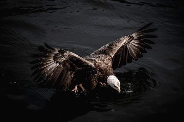 Un águila calva nada en el agua con las alas extendidas.