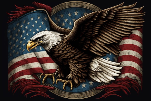 El águila calva norteamericana vuela sobre el fondo de la bandera estadounidense. 4 de julio, día de la independencia, presidente