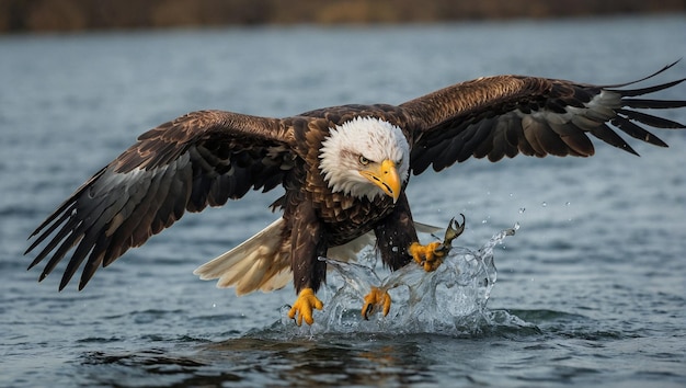 un águila calva con un pez en sus garras está corriendo por el agua