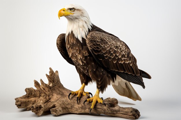 Foto un águila calva está de pie en una pieza de madera