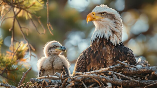 Foto Águila calva con un pollito en el nido