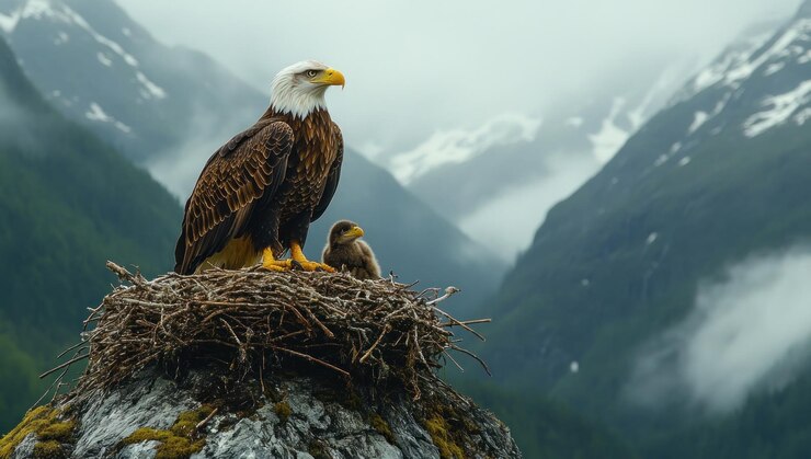 El águila calva y el pollito en un paisaje montañoso