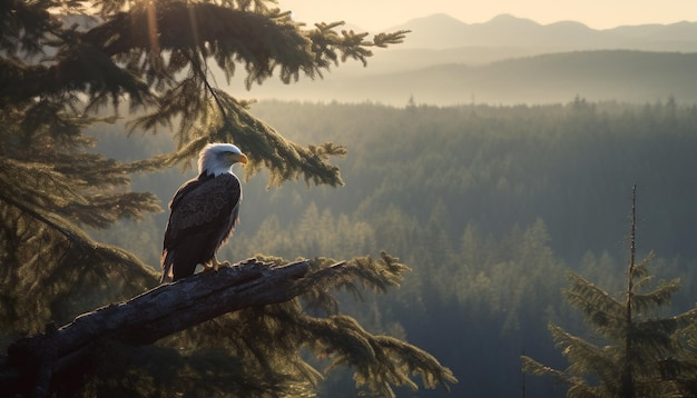 Foto Águila calva posada en una rama al atardecer generada por ia