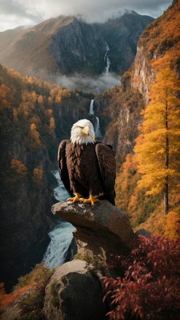 Foto un águila calva posada sobre una roca con vistas a una cascada y una cascada