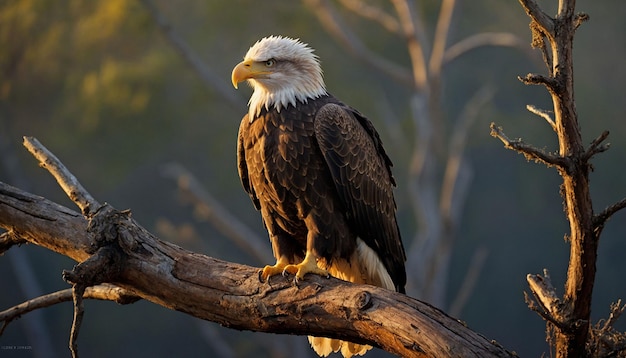 Un águila calva real posado en una rama de árbol desgastado su mirada penetrante fija en el horizonte como el