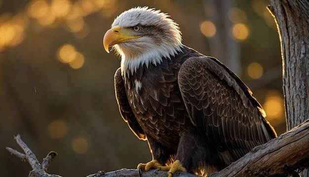 Un águila calva real posado en una rama de árbol desgastado su mirada penetrante fija en el horizonte como el