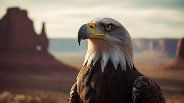 Un águila calva con una roca roja al fondo