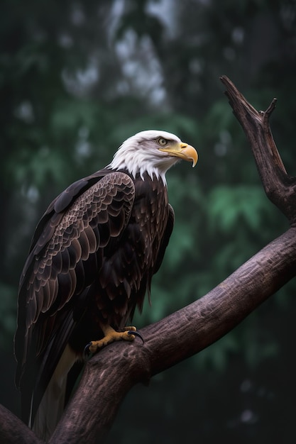 Un águila calva se sienta en una rama en un bosque.
