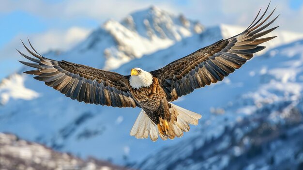 El águila calva volando frente a la montaña nevada